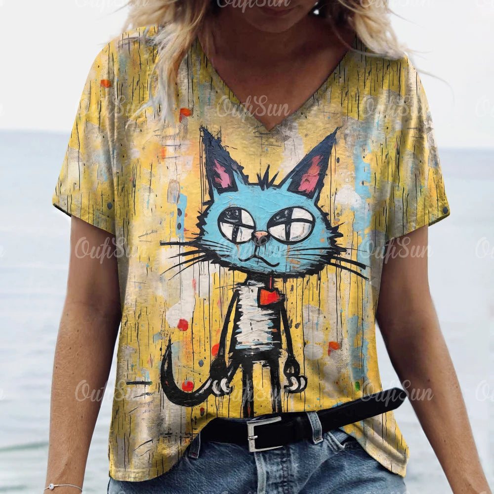 T Shirt Cat Print Casual Short Sleeve