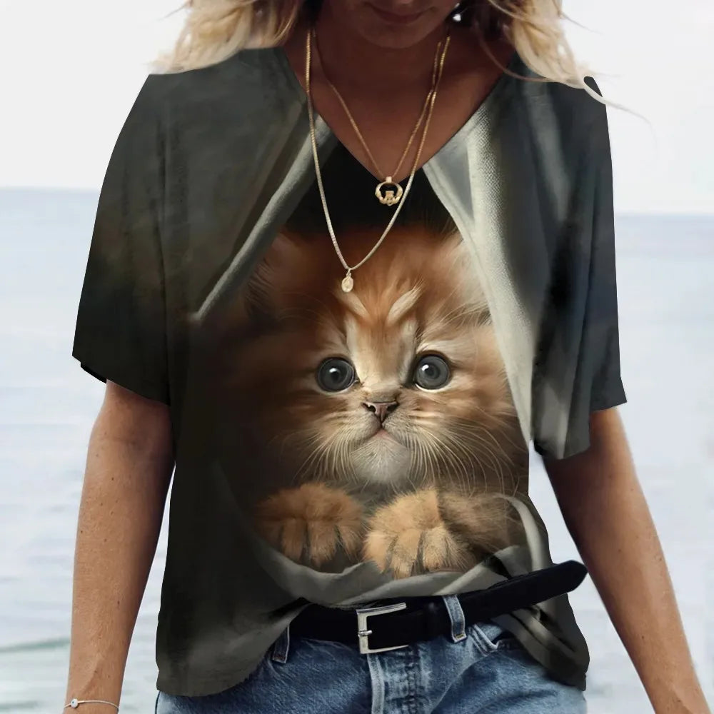 Women's T-shirt Cat Printed Short Sleeve