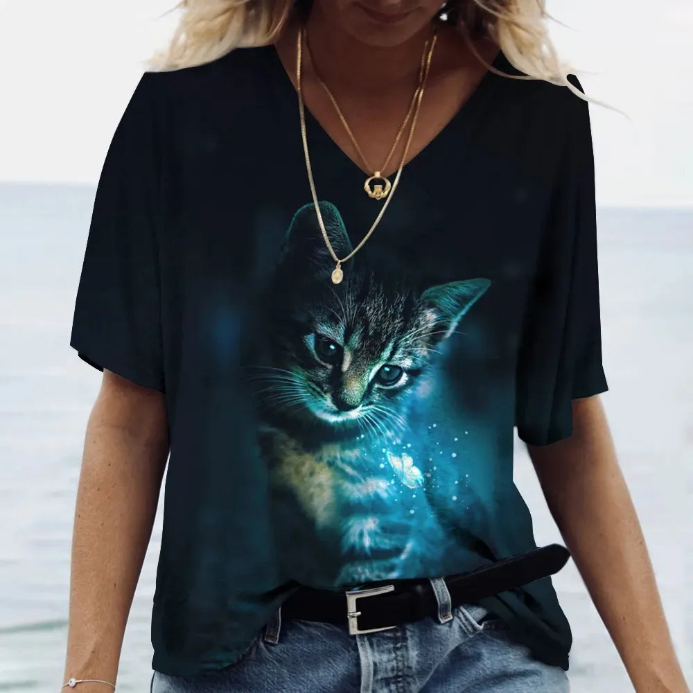 Women's T-shirt Cat Printed Short Sleeve