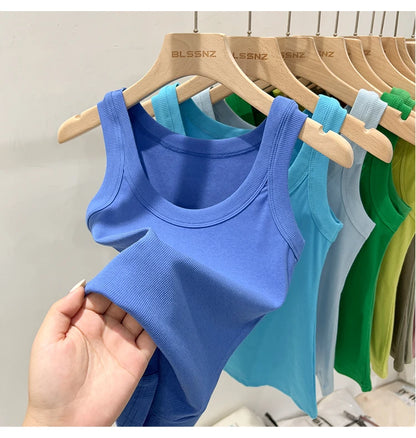 Women Solid Round Neck Ribbed Tank Top