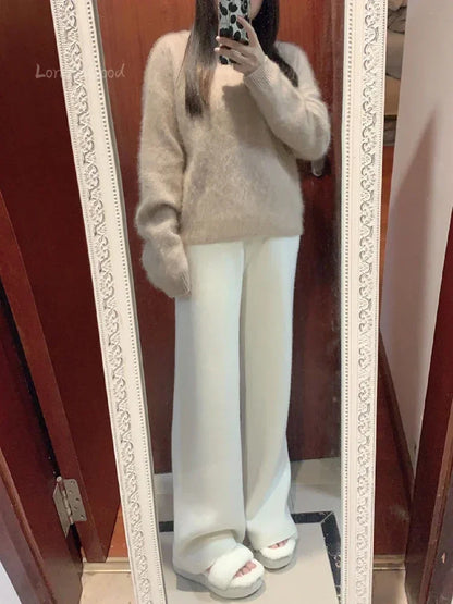 New High-waisted Loose Wool Knitted Wide-leg Trousers