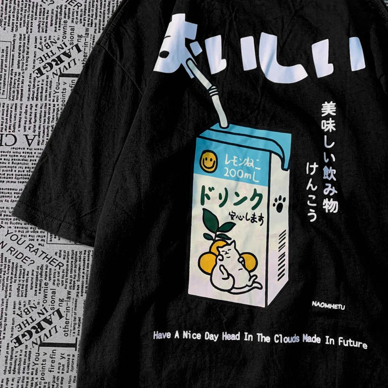 Cute Japanese Cat Print Oversized T-shirt