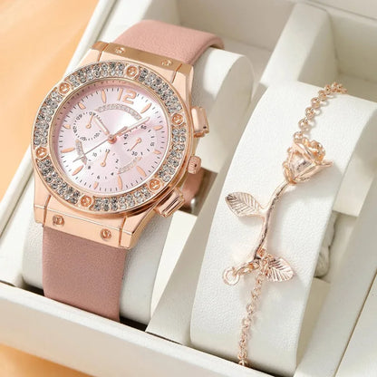 2PCS Set Pink Luxury Rhinestone Watches