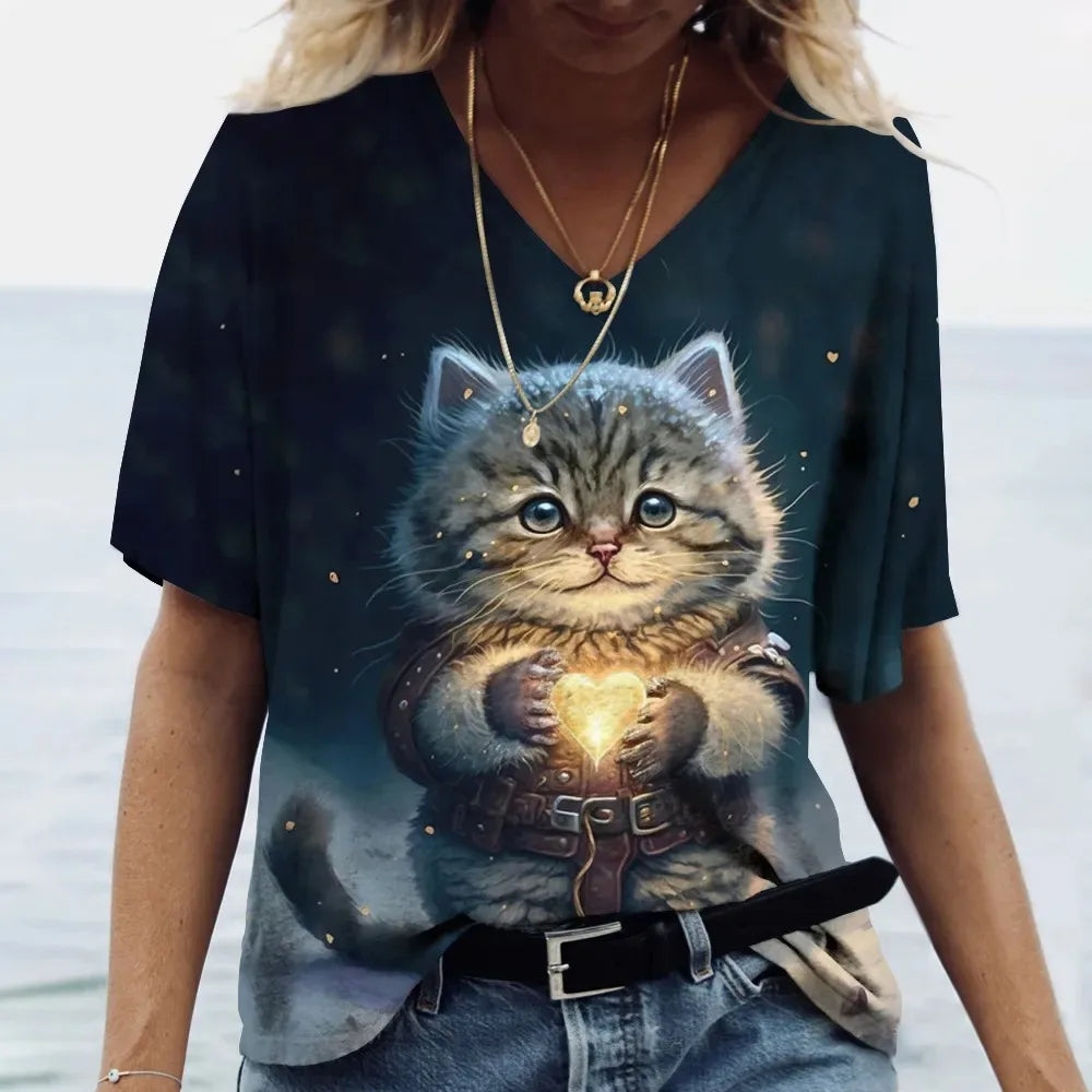 Women's T-shirt Cat Printed Short Sleeve