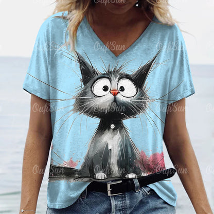 T Shirt Cat Print Casual Short Sleeve