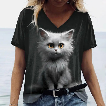 T Shirt Cat Print Casual Short Sleeve