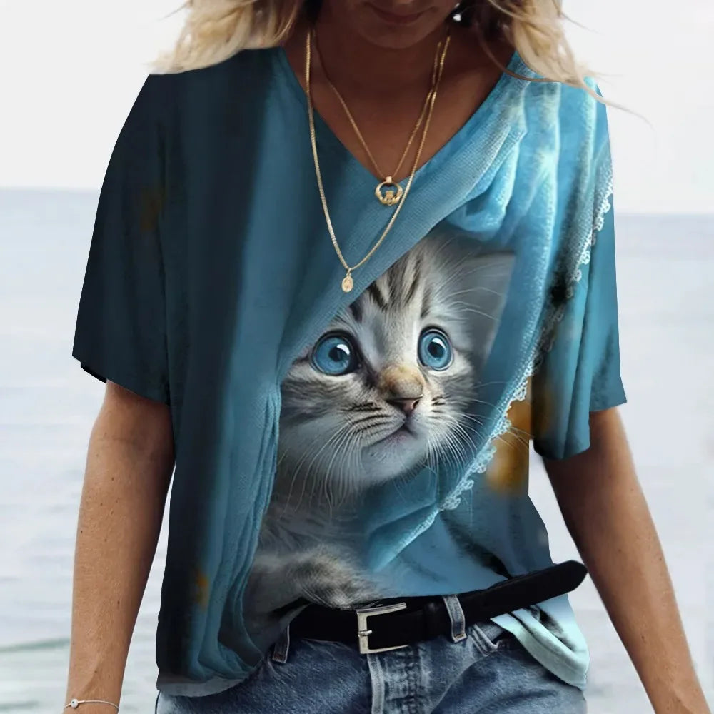 Women's T-shirt Cat Printed Short Sleeve