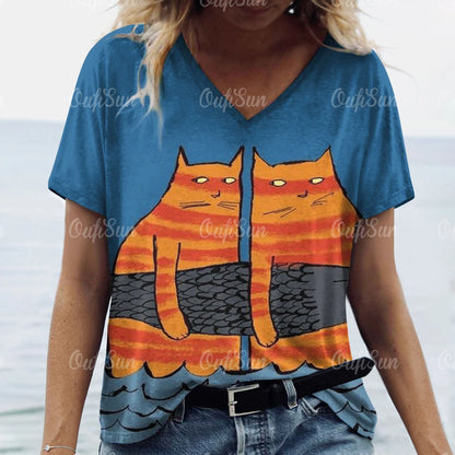 T Shirt Cat Print Casual Short Sleeve