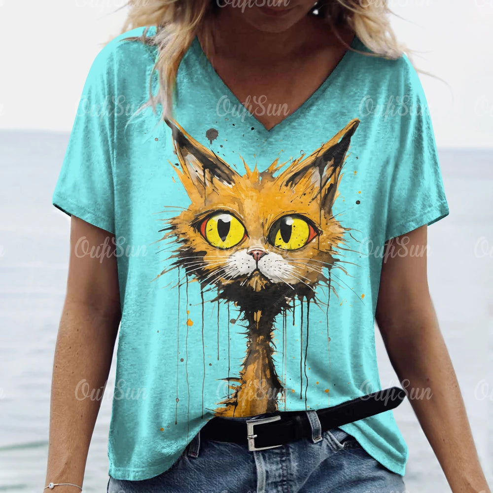 T Shirt Cat Print Casual Short Sleeve