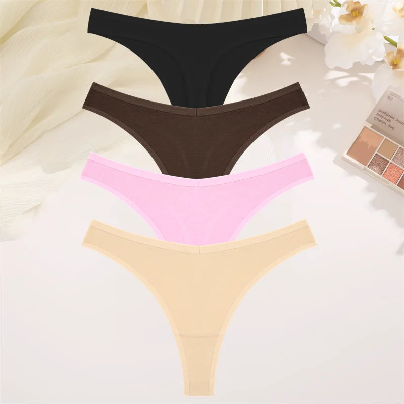 4PCS Women Cotton Thongs Female Sexy Low Waist Panties