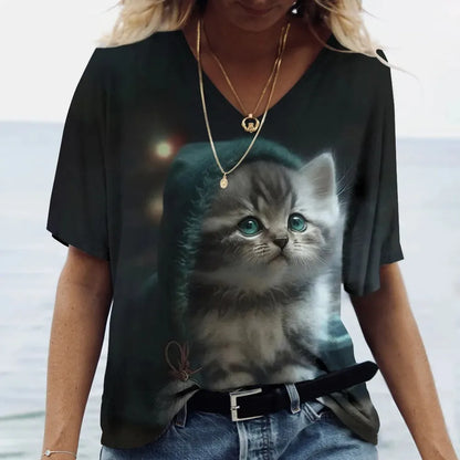 Women's T-shirt Cat Printed Short Sleeve