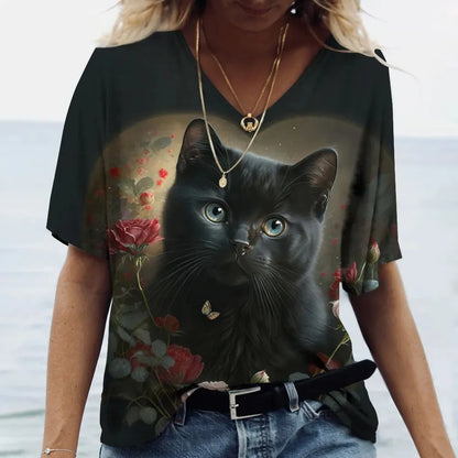 Women's T-shirt Cat Printed Short Sleeve