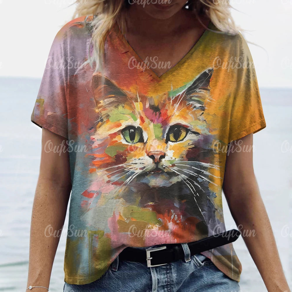 T Shirt Cat Print Casual Short Sleeve