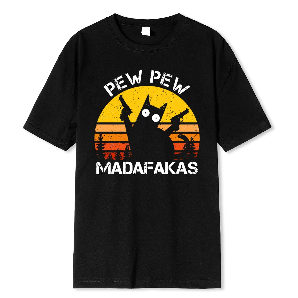 Pew Pew Madafakas Cat With Two Guns Printing Men T Shirts