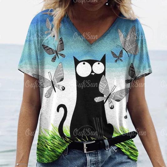 T Shirt Cat Print Casual Short Sleeve