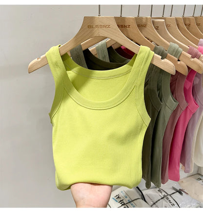 Women Solid Round Neck Ribbed Tank Top