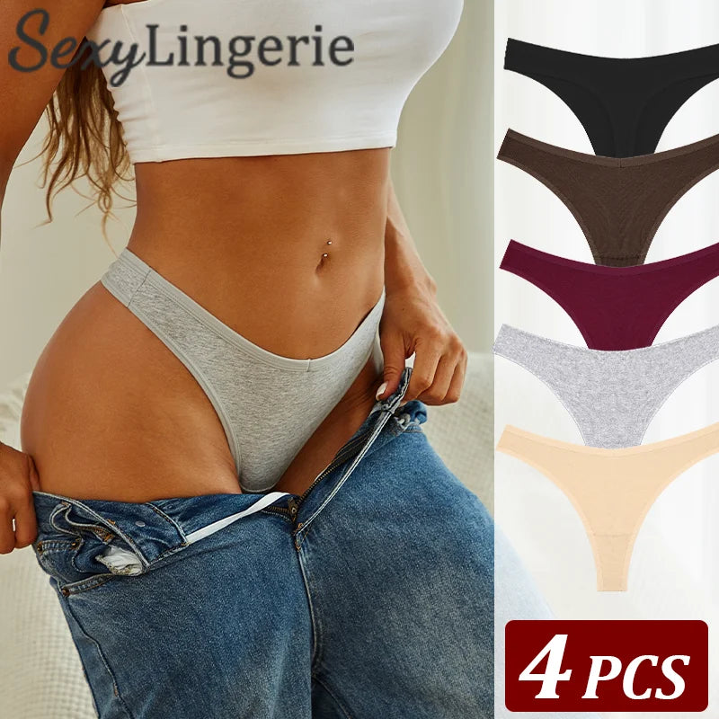 4PCS Women Cotton Thongs Female Sexy Low Waist Panties