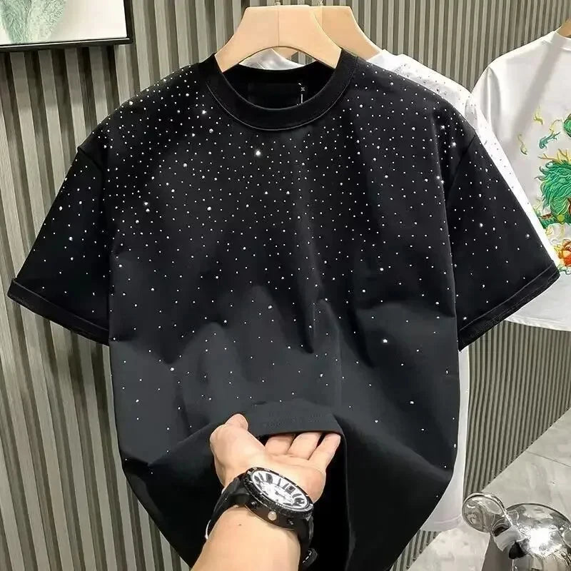 Summer Rhinestone Rivet T-shirt Round Neck