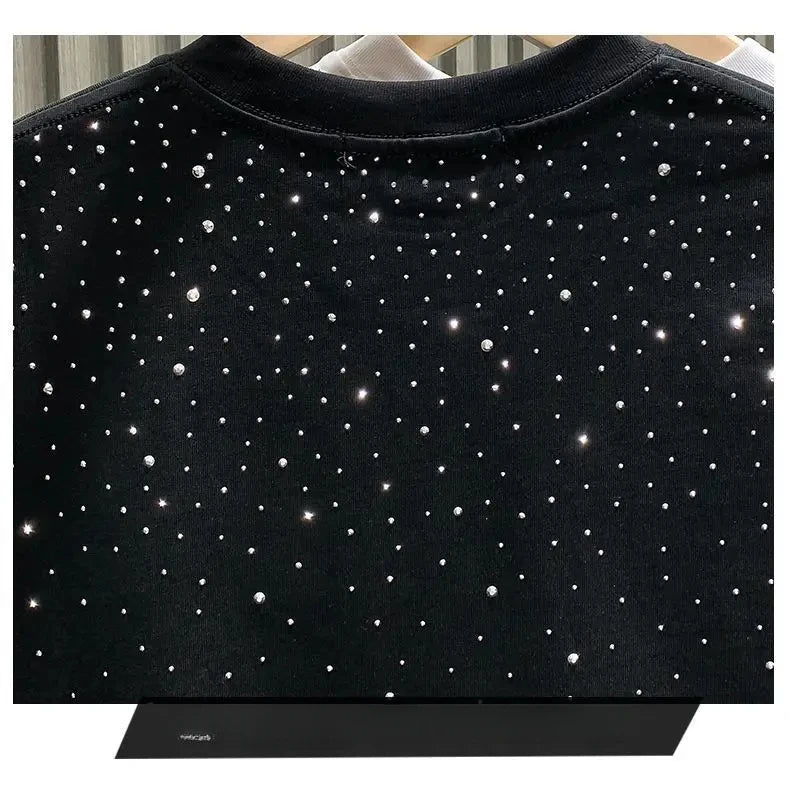 Summer Rhinestone Rivet T-shirt Round Neck