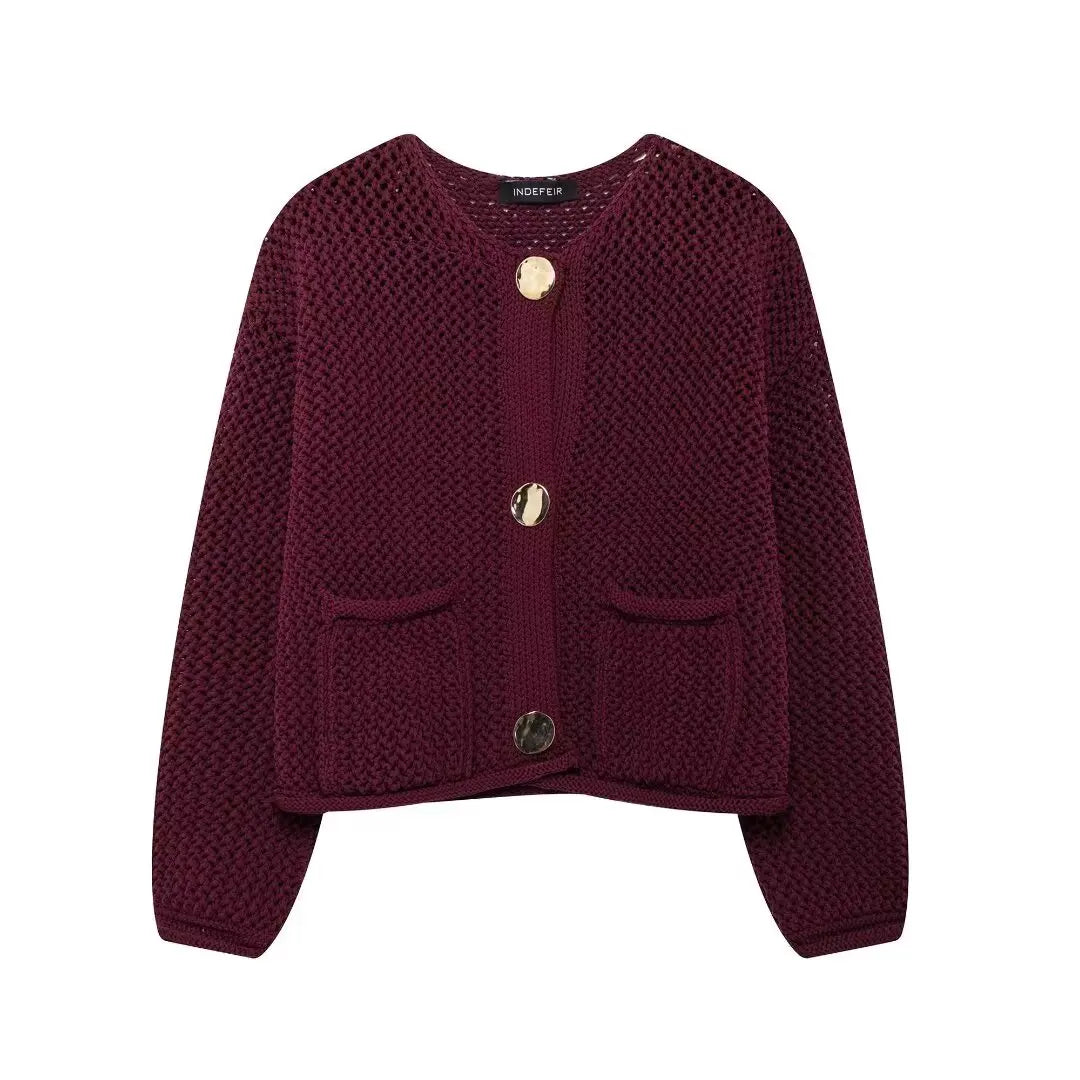 Women Vintage Wine Red Sweater Cardigan