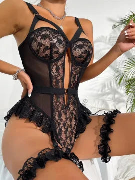 Hot Solid Contrast Lace Semi Sheer Criss Cross