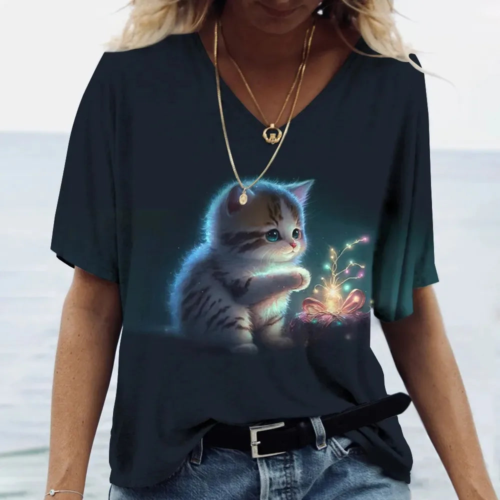 Women's T-shirt Cat Printed Short Sleeve