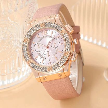 2PCS Set Pink Luxury Rhinestone Watches