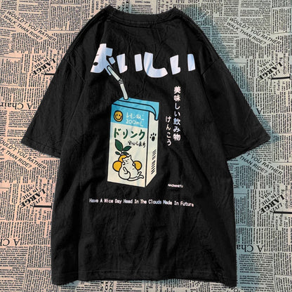 Cute Japanese Cat Print Oversized T-shirt