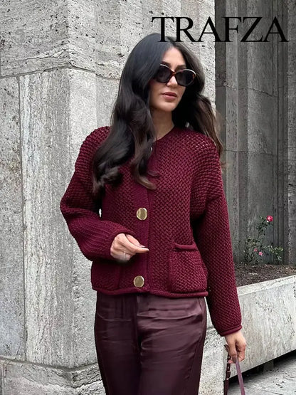 Women Vintage Wine Red Sweater Cardigan