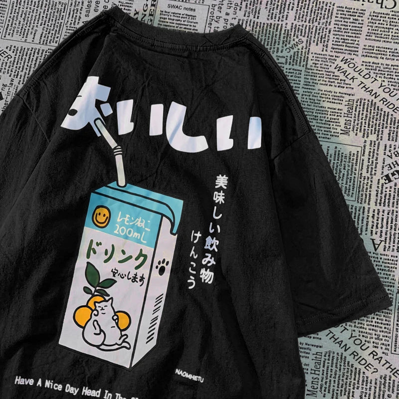 Cute Japanese Cat Print Oversized T-shirt