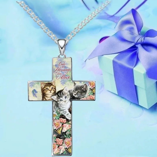 Stylish and Exquisite Three Cats Cross Pendant Necklace