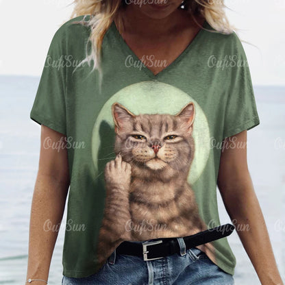 T Shirt Cat Print Casual Short Sleeve