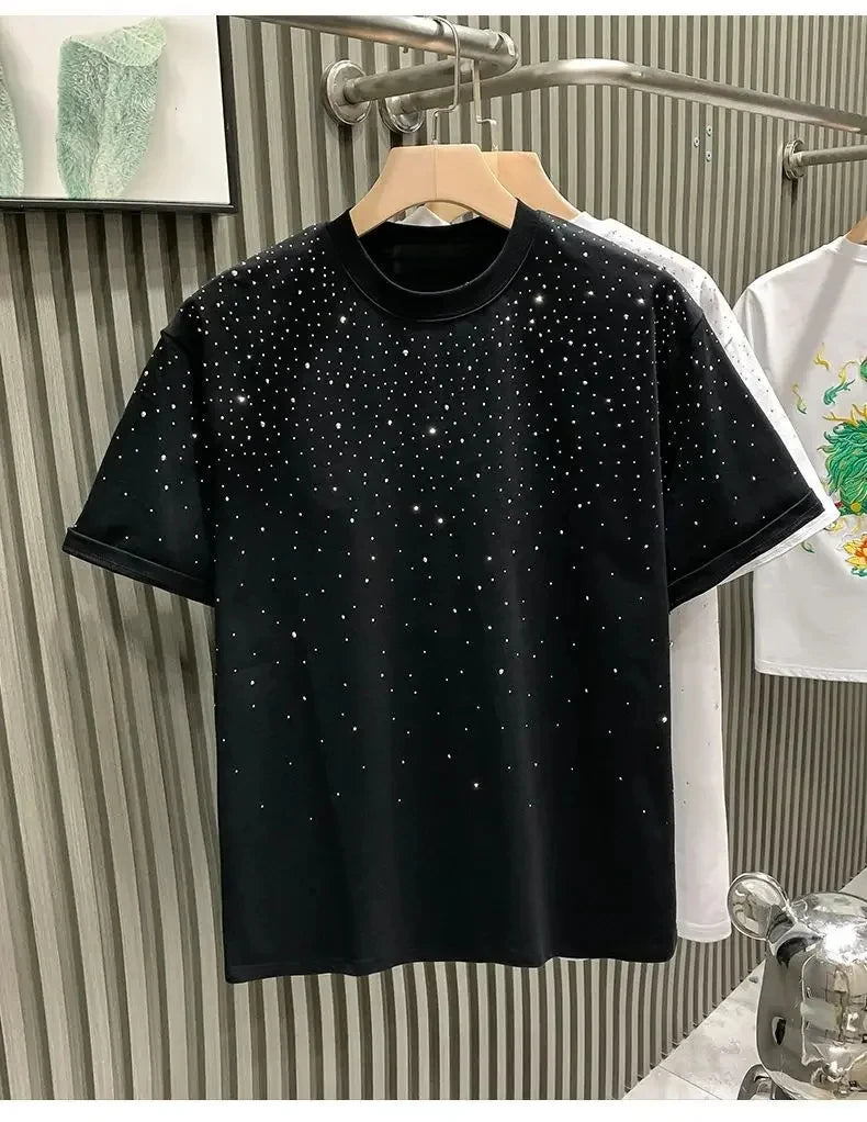 Summer Rhinestone Rivet T-shirt Round Neck