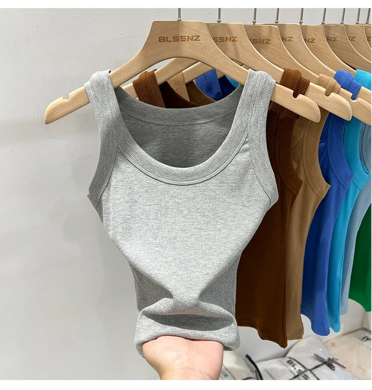 Women Solid Round Neck Ribbed Tank Top