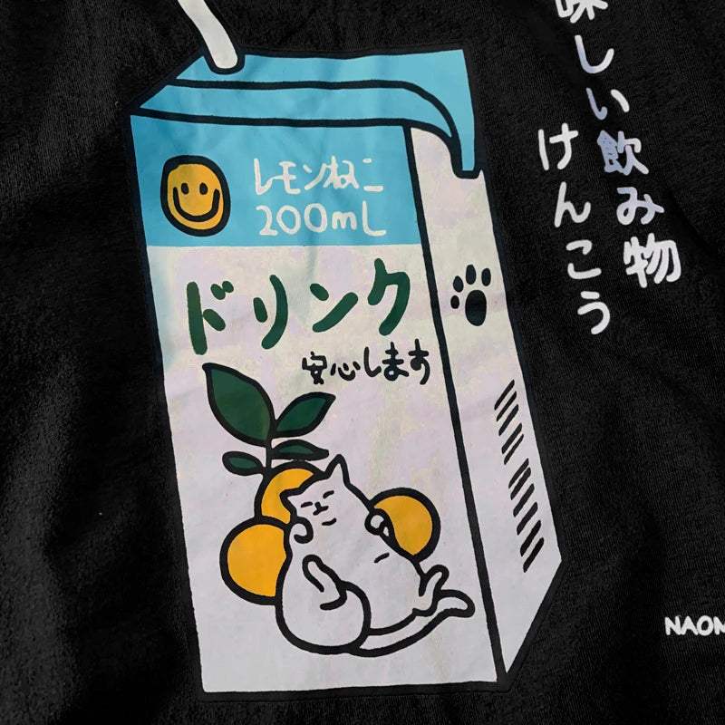 Cute Japanese Cat Print Oversized T-shirt