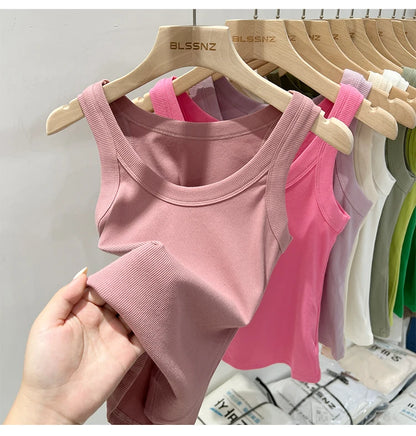 Women Solid Round Neck Ribbed Tank Top