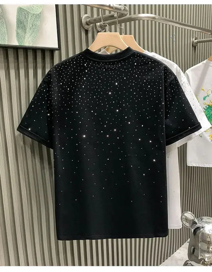 Summer Rhinestone Rivet T-shirt Round Neck