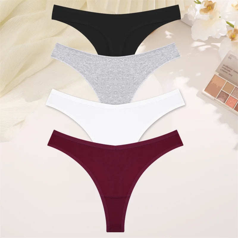 4PCS Women Cotton Thongs Female Sexy Low Waist Panties