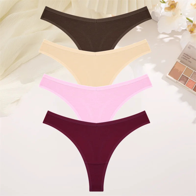 4PCS Women Cotton Thongs Female Sexy Low Waist Panties