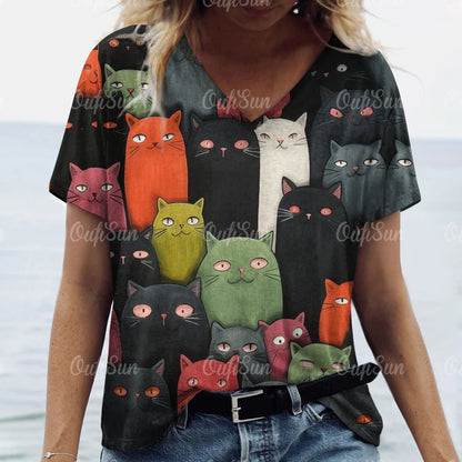 T Shirt Cat Print Casual Short Sleeve