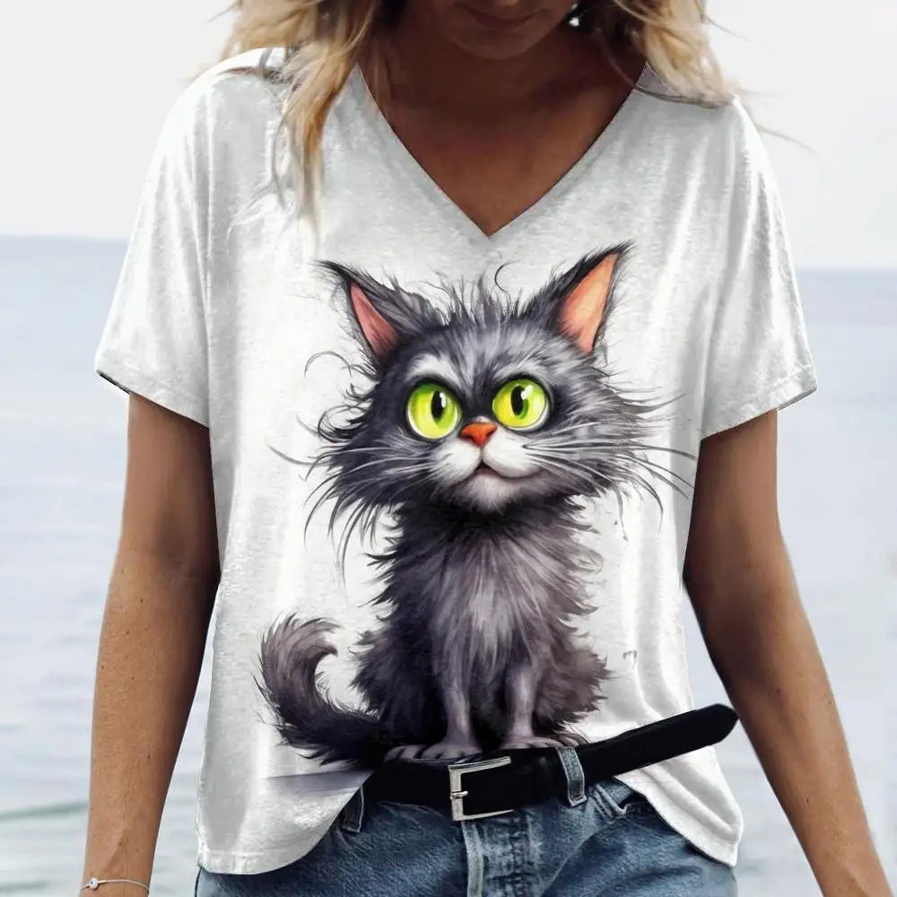 T Shirt Cat Print Casual Short Sleeve