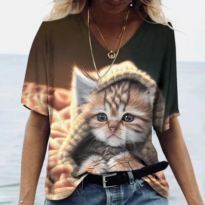 Women's T-shirt Cat Printed Short Sleeve