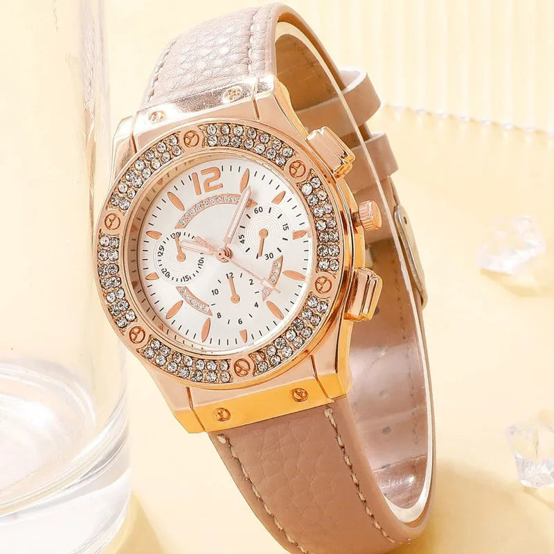 2PCS Set Pink Luxury Rhinestone Watches