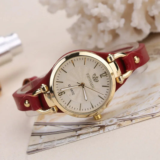 Quartz Watch Women PU Leather Thin Strap Wristwatch