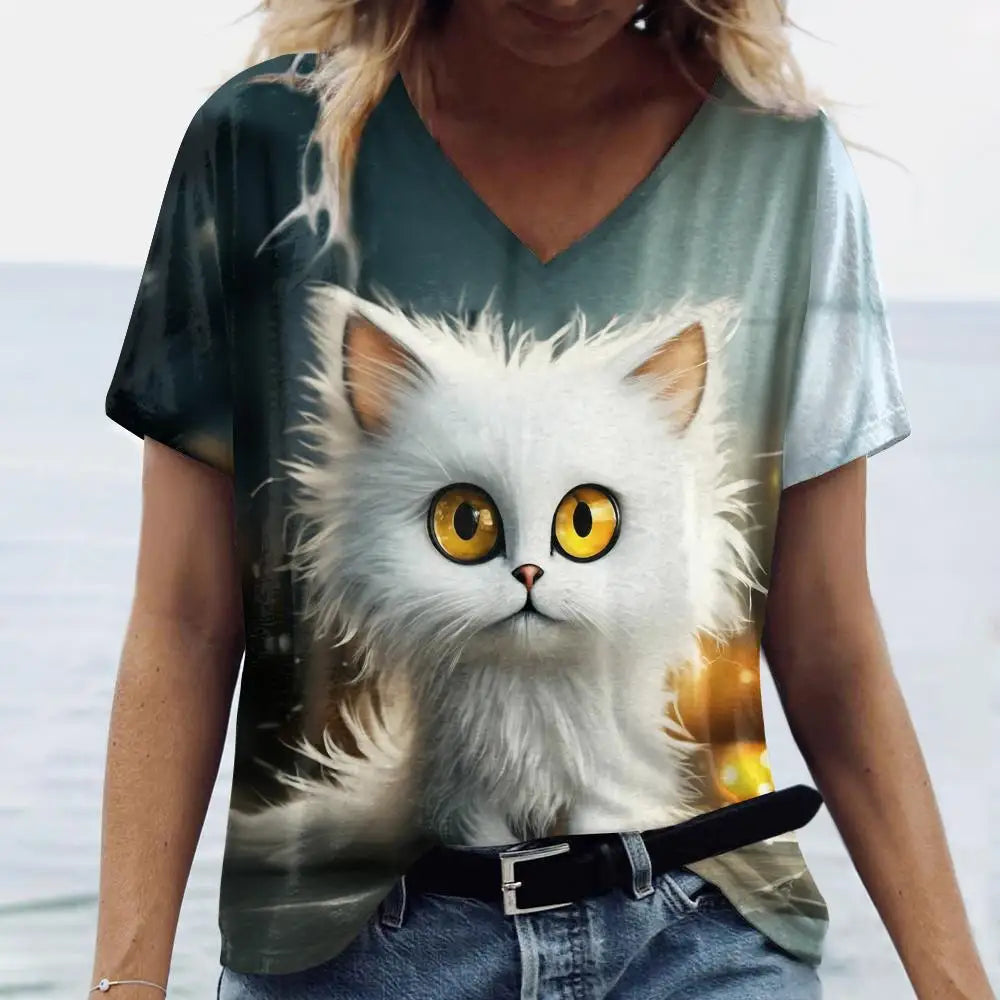 T Shirt Cat Print Casual Short Sleeve