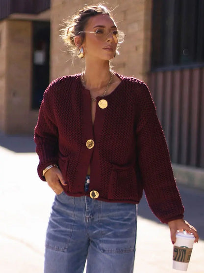 Women Vintage Wine Red Sweater Cardigan