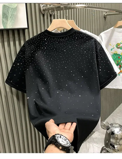 Summer Rhinestone Rivet T-shirt Round Neck