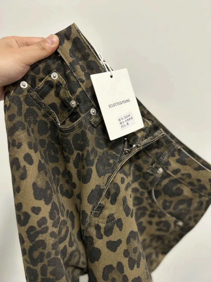 American Retro Leopard High Waist Baggy Jeans