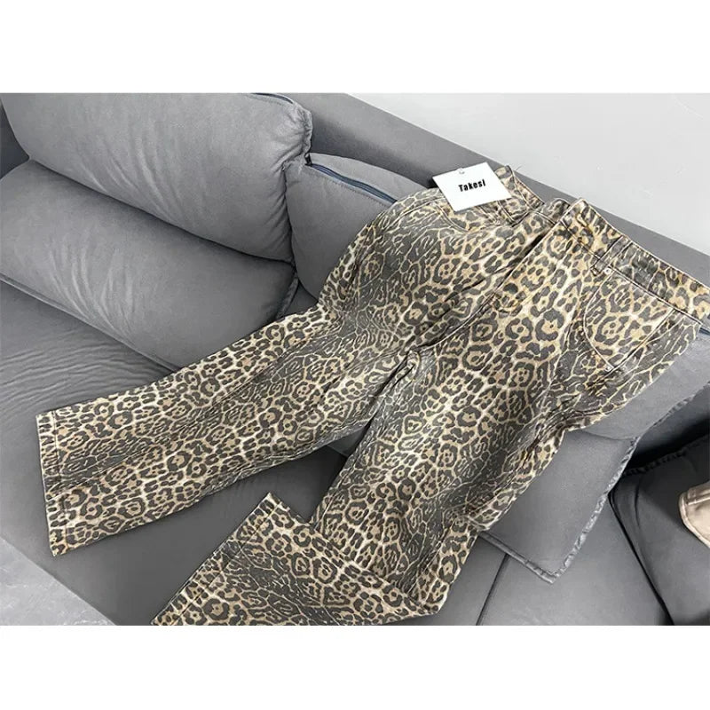 American Retro Leopard High Waist Baggy Jeans