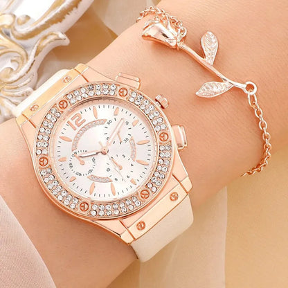 2PCS Set Pink Luxury Rhinestone Watches